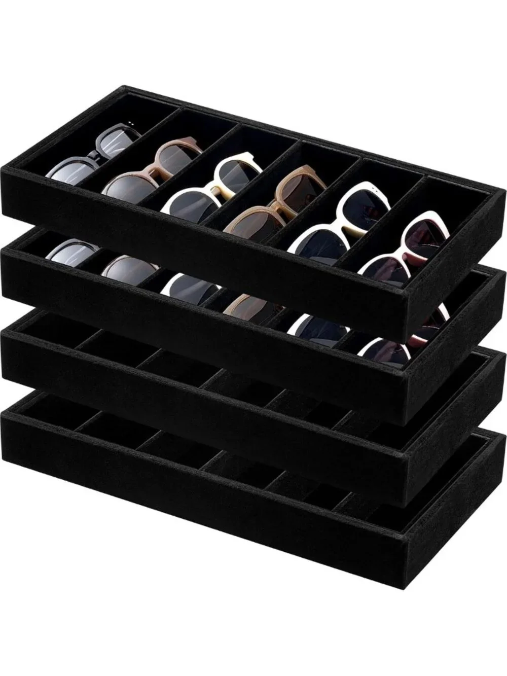 4-Piece Velvet Sunglasses Organizer Tray - Stackable 6-Grid Display for Glasses